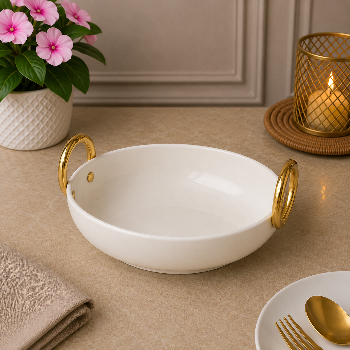 Brilliant Golden Harmony 10.25" Oval Ceramic Bowl with Handles
