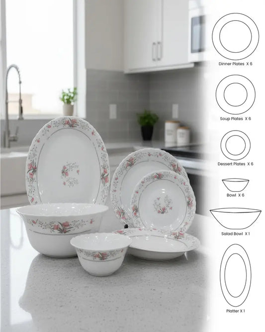 Rose Grace 26-Piece Premium Opalware Dinner Set – Classic Floral Tableware for 6 Persons