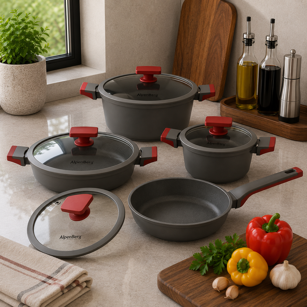 Alpenberg 8 Pieces Non-Stick Cookware Set with Glass Lids