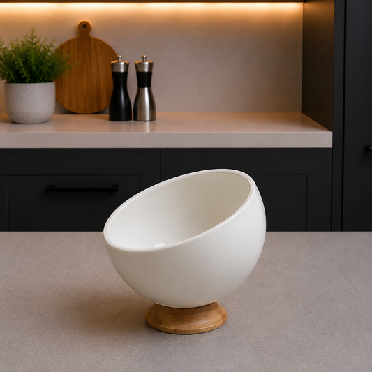 Premium Ceramic Serving Bowl with Wooden Base
