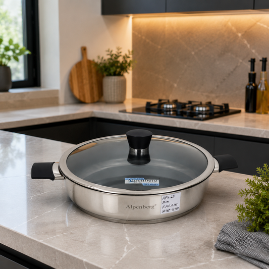 Alpenberg 28x7cm Stainless Steel Karahi / Wok with Glass Lid