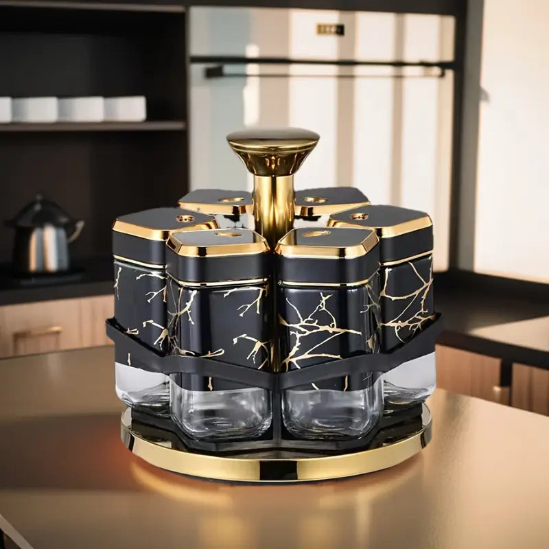 6-Piece Rotating Spice Jar Set – White & Black