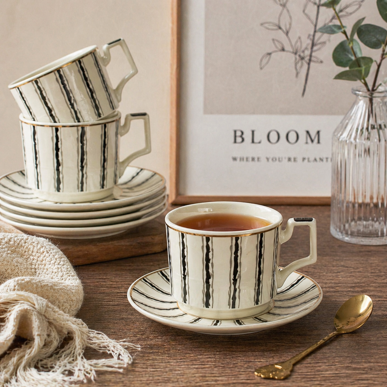 Tea Cup & Saucer Set – 12 Piece Premium Ceramic Set (6 Cups + 6 Saucers)