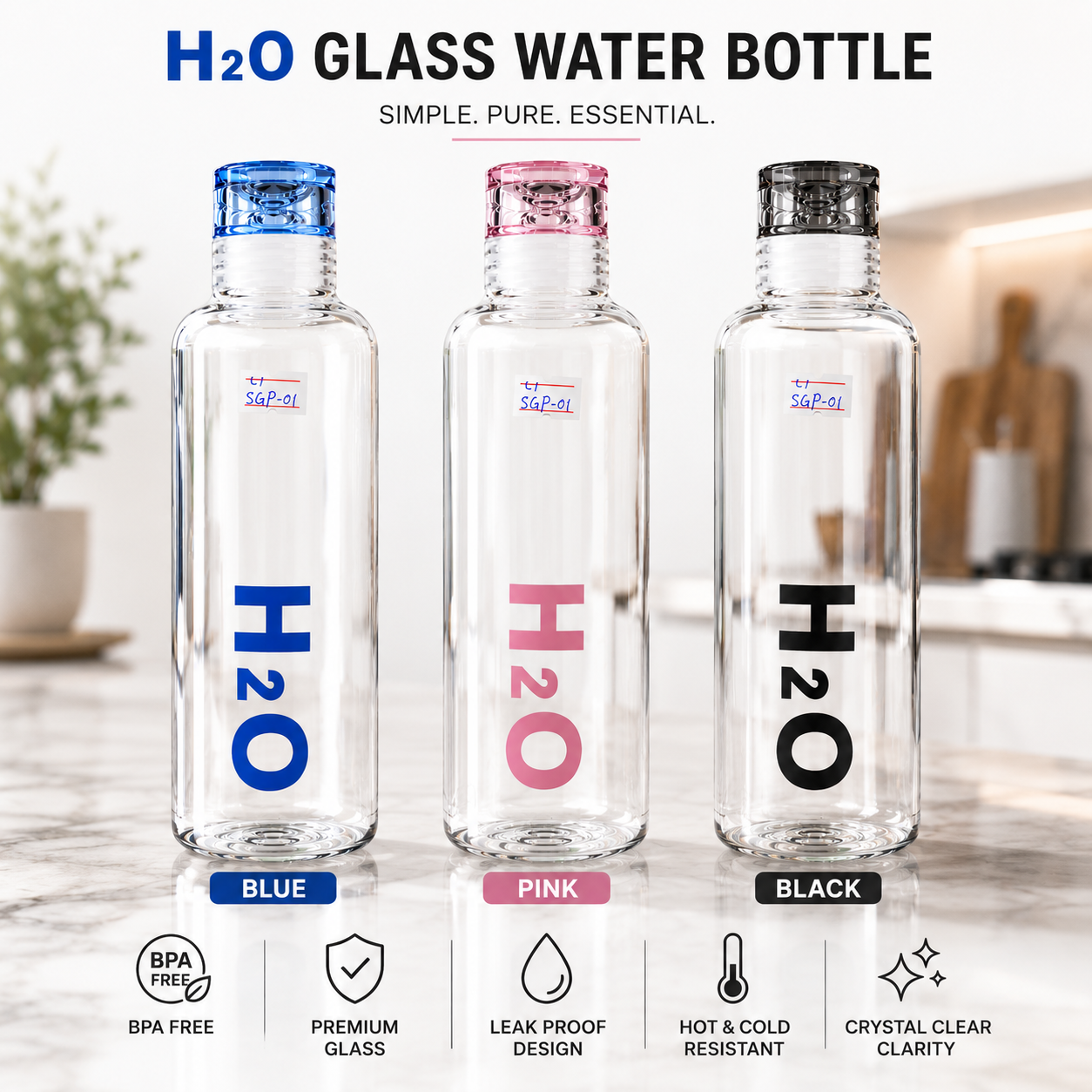 H2O Glass Water Bottle 500ml | Leakproof