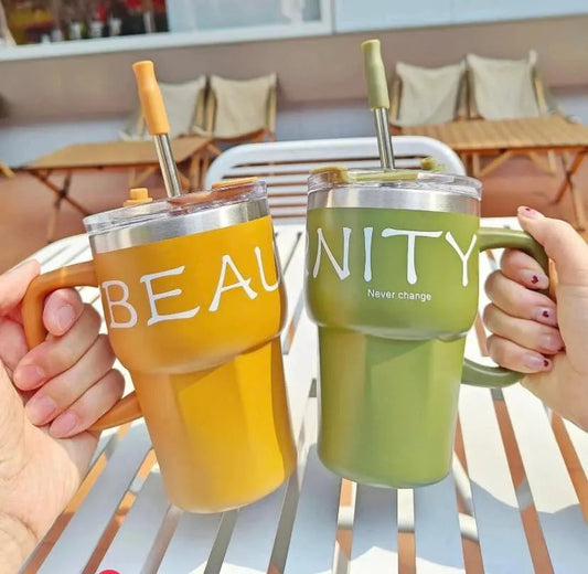 600ml Stainless Steel Coffee Mug with Straw, Lid & Handle