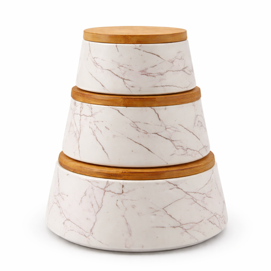 Deluxe Ceramic 3PC Bowl Set with Natural Wooden Lids (Space-Saving)