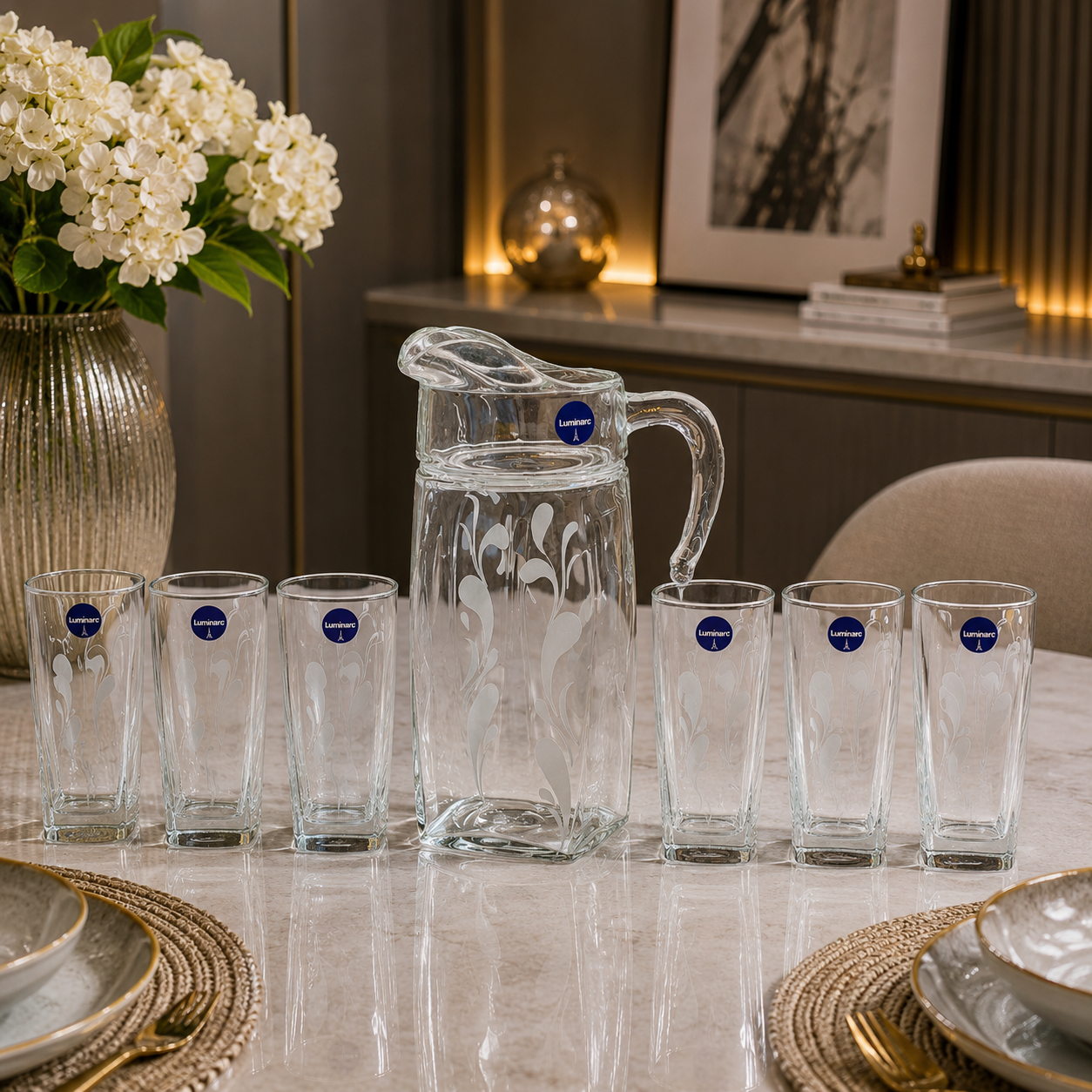 Luminarc Floral Glass Water Set – 7 Pcs Jug & 6 Glasses | Elegant Dining Collection